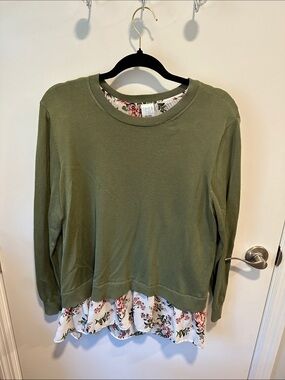 Time and Tru Olive Green Pullover Sweater with Floral Ruffle Hem